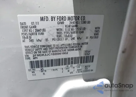 2011 Ford Edge Sel z USA, uszkodzony, nr VIN 2FMDK3JC1BBB61802